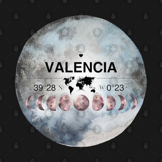 Valencia, Valencian Community, Spain, Watercolor Design with Latitude & Longitude Map Coordinates by MapYourWorld