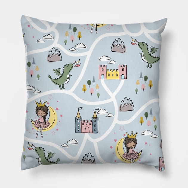 Childish seamless pattern with princess and dragon blue background Pillow by Arch4Design