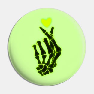 Neon Green Finger Heart Skeleton Hand Pin