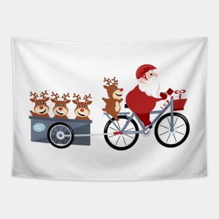 Santa Claus  riding a bike with reindeer in a trailer Tapestry