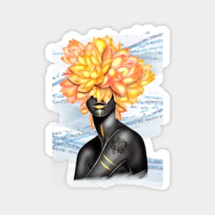 Black and white girl with color beautiful flowers in her head. Magnet