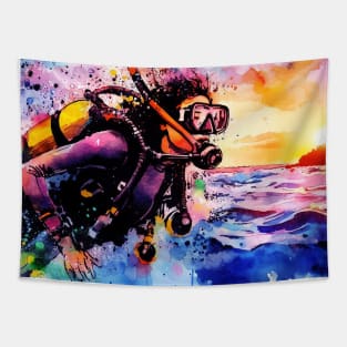 Artistic illustration of a beach scene of girl scuba diving Tapestry
