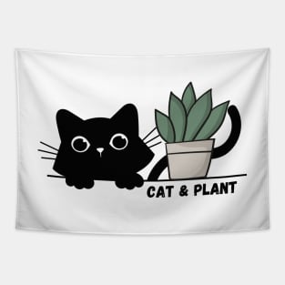 Cute black kitten and green plant - cat & plant Tapestry