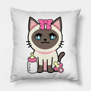 cute baby siamese cat wears a pink ribbon Pillow