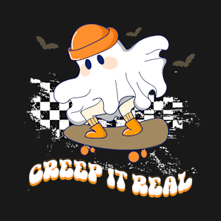 Creep It Real Vintage Ghost Skateboarding Wearing a Beanie Funny T-Shirt