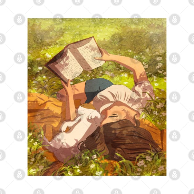 Girl reading book with cat laying on grass by la'lunadraw