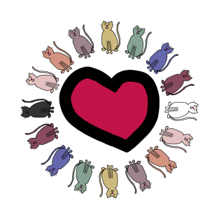 Circle of Balanced Rainbow Cats Around Valentine Heart T-Shirt