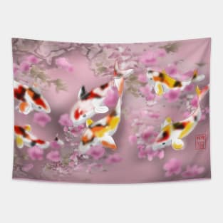 Koi carp with sakura reflections in a pink pond Tapestry