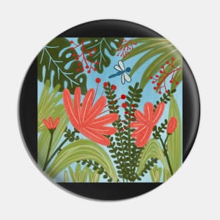 Jungle flowers with blue dragonfly Pin