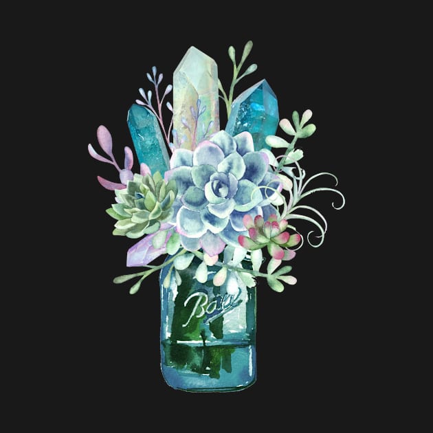 Succulent, crystal, bouquet, crystals, cacti, flowers, ball jar, vase, watercolor by SouthPrints