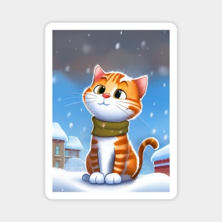 Winter Cat With a Scarf in Winter Scenery is waiting for Santa Magnet