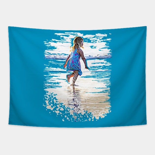 Little girl playing on the beach Tapestry by Ripples of Time