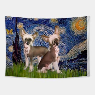 Two Chinese Crested in an Adaptation of Van Gogh's Starry Night Tapestry