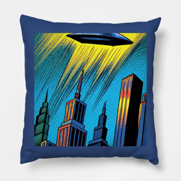 Flying Saucer over Metropolis Pillow by Starbase79