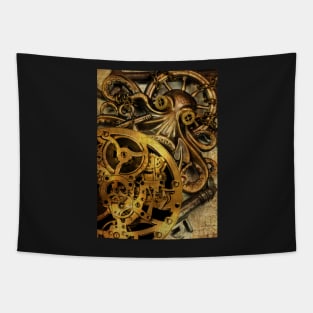 Time counter. Clockwork and octopus steampunk Tapestry