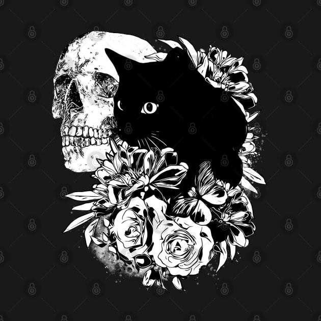 Skull and Black cat with peony, skeleton with flowers, black and white drawing by Collagedream