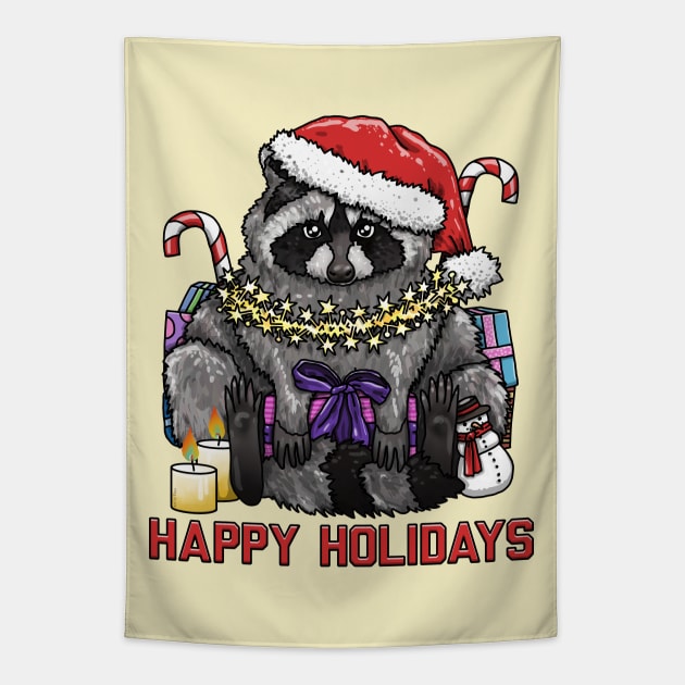 Happy Holidays Raccoon Tapestry by Art by Veya