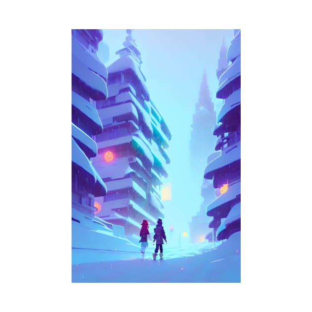 Anime Couple Snowy Street Lights Christmas Landscape by Trendy-Now