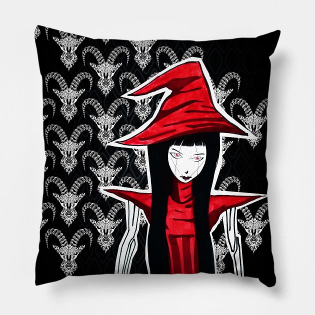 the red witch doll in darkness Pillow by jorge_lebeau