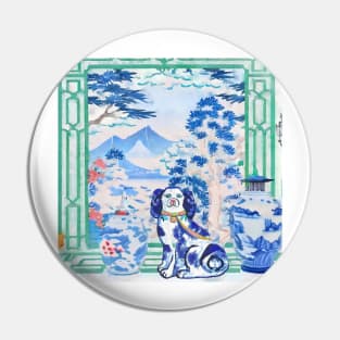 Staffordshire dog in chinoiserie landscape watercolor painting Pin