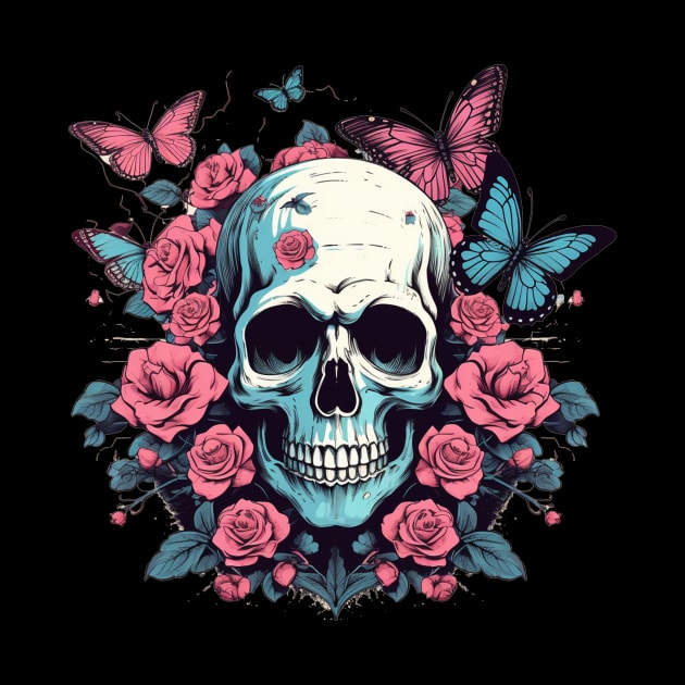 Skull with Flower Roses and Butterflies by TOKEBI