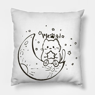 Cute Illustartion Cat With Moon Meow Cat Pillow