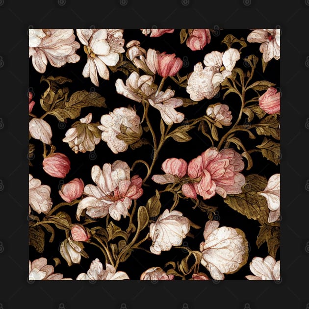 Brown and Pink Floral Pattern on Black by VintageFlorals