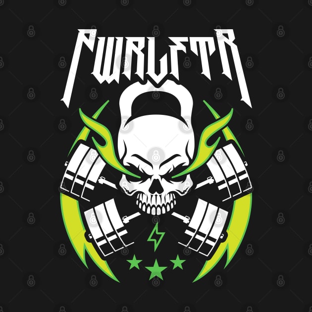 PWRLFTR / Powerlifter (Kettlebell Skull Cross Barbell) Green Blaze by brogressproject