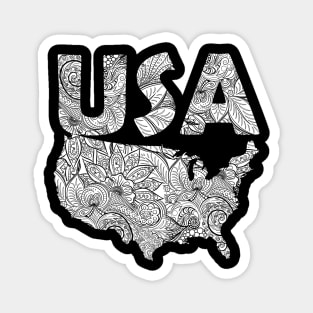 Mandala art map of the United States of America with text in white Magnet