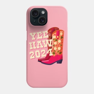 A pair of cowboy boots decorated with flowers and a hand lettering message Yeehaw 2024 on pink background. Happy New Year colorful hand drawn vector illustration in bright vibrant colors. Phone Case