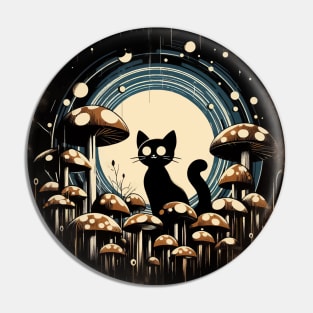 Funny Vintage Black Cat in Mushroom Garden Pin