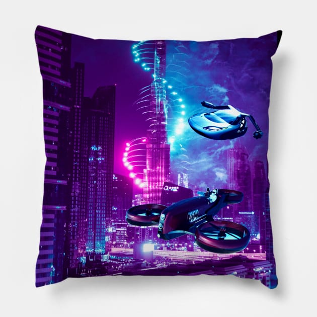 Retro City Synthwave 2077 Pillow by JeffDesign