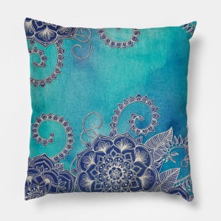 Mermaid's Garden - Navy & Teal Floral on Watercolor Pillow
