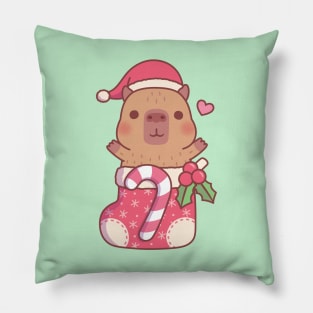 Cute Capybara In Christmas Stocking With Candy Cane And Mistletoe Pillow