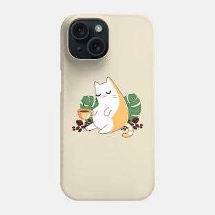 Ginger persian orange cute cat drinking coffee surrounded by leaves and beans of coffee Phone Case