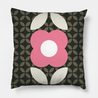 Retro Flower, Geo Pattern Pink, Cream, Dark Green Pillow