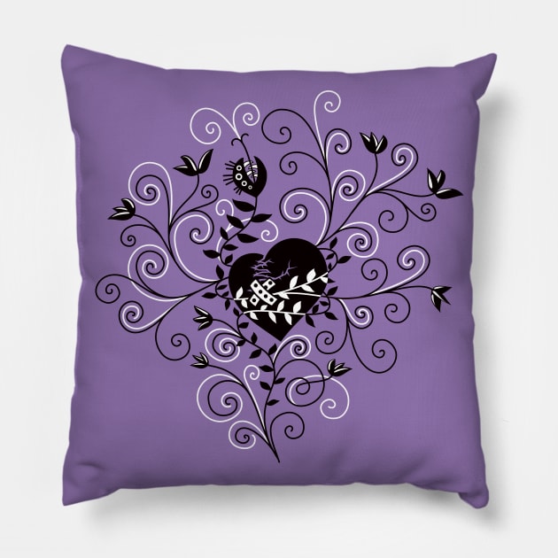 Dark Abstract Whimsical Fixed Broken Heart Pillow by Boriana Giormova