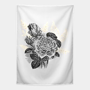 Black Rose Flower with Gold, Botanical Illustration Tapestry