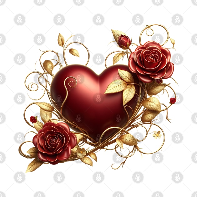 Valentines Day Red Heart, Red Roses, Golden Vines by Amanda Lucas