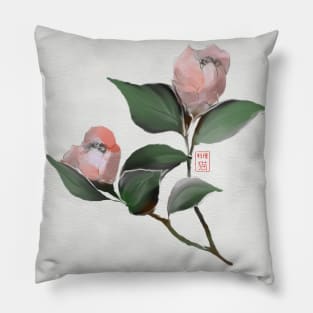 Pink watercolor and sumiE camellia flowers Pillow