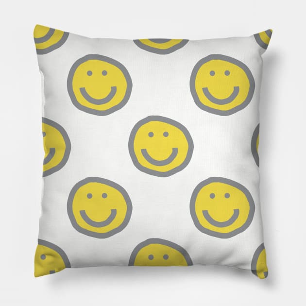 Illuminating Yellow Round Happy Face with Smile Pattern Pillow by ellenhenryart