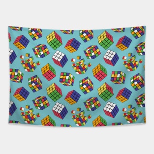 Rubik Cube Pattern On Blue Tapestry