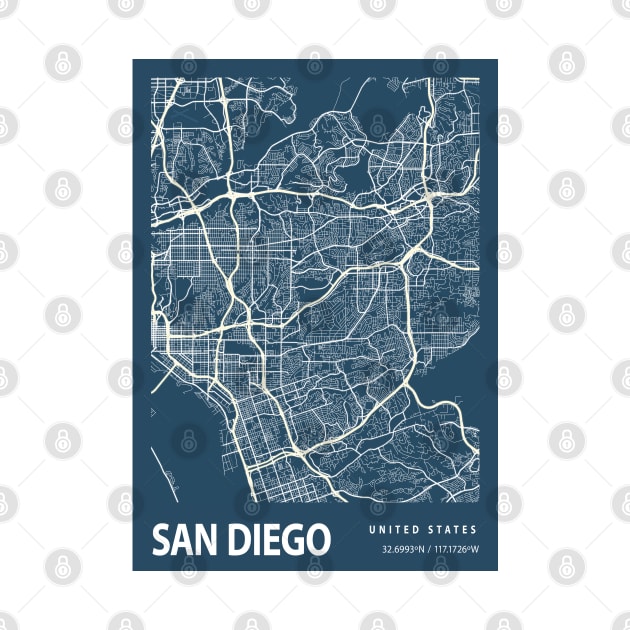 San Diego Blueprint Street Map, San Diego Colour Map Prints by tienstencil