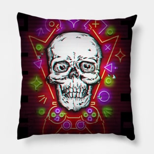 Gamer Skull with Neon Cyberpunk Design Pillow