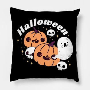 Happy cute pumpkin heads with a skull and adorable ghost friends Pillow