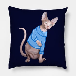 Cute Sphynx Cat with Blue Knit Sweater Pillow