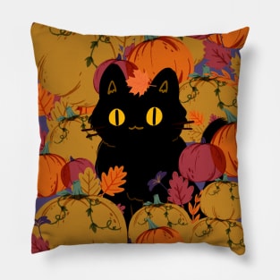 Cat in pumpkin field Pillow