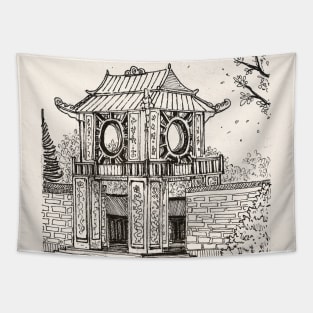 Gate of Literature Temple Hanoi Vietnam Pen and Ink Illustration Tapestry