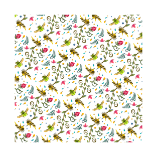 Sugarbird and Green Beetle Pattern T-Shirt