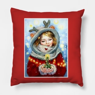 Young Girl Holding a Magical Christmas Tree Print Pillow